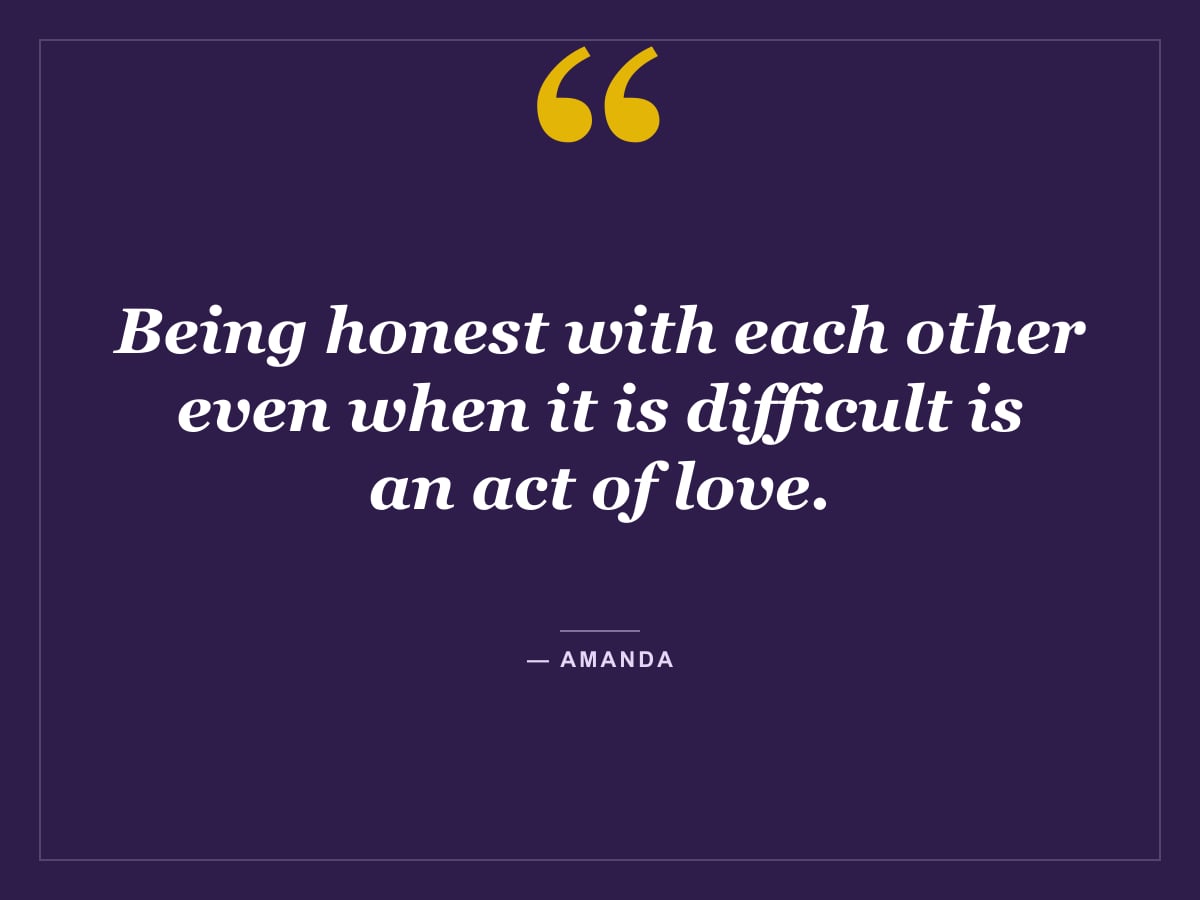 Quote card: "Being honest with each other even when it is difficult is an act of love." — Amanda