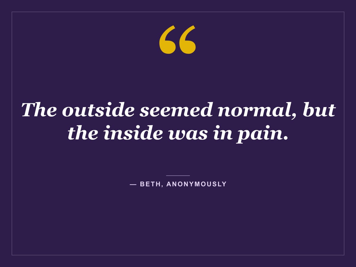Quote card: "The outside seemed normal, but the inside was in pain." — Beth, Anonymously