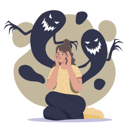 Pillar 1: Addiction. Illustration of a person sitting with dark figures around them, representing the experience of addiction