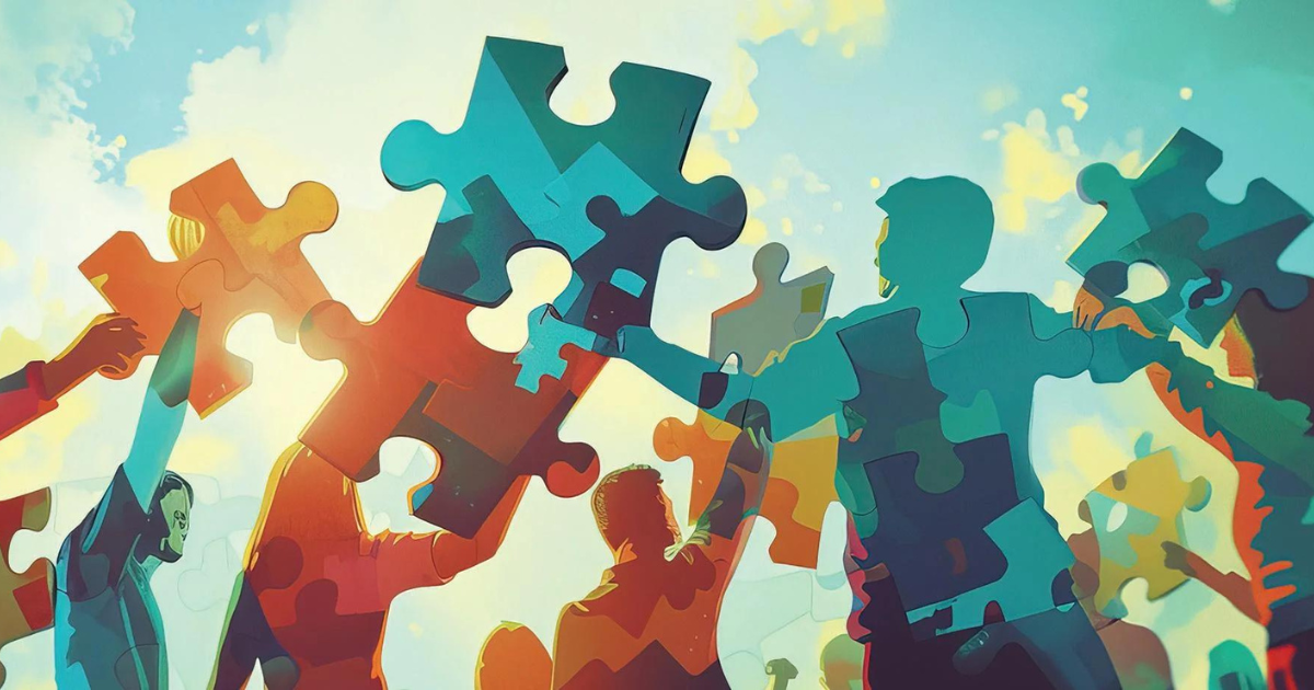 Silhouettes of people holding up large, colorful puzzle pieces against a bright sky, symbolizing teamwork, resilience, and building strong futures together.