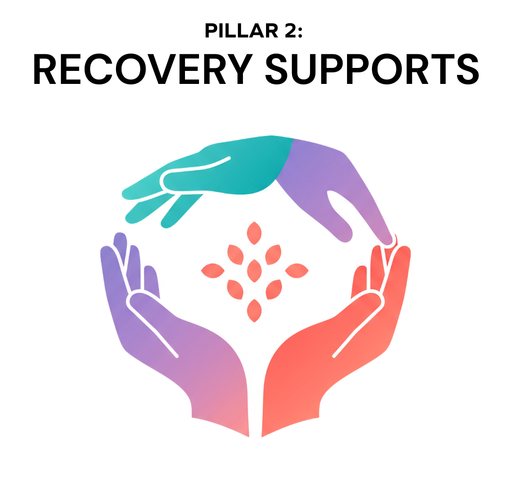 Three colorful hands forming a circle around a cluster of small leaf shapes, with the text Pillar 2: Recovery Supports above the graphic.