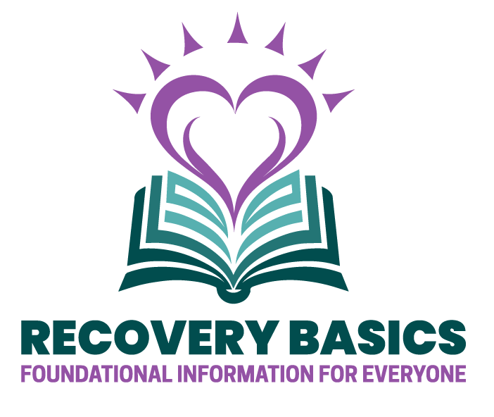 Logo with a stylized open book, two purple lines forming a heart, and sun rays above. Text below reads RECOVERY BASICS and FOUNDATIONAL INFORMATION FOR EVERYONE, representing a Digital Course designed to support your recovery journey.